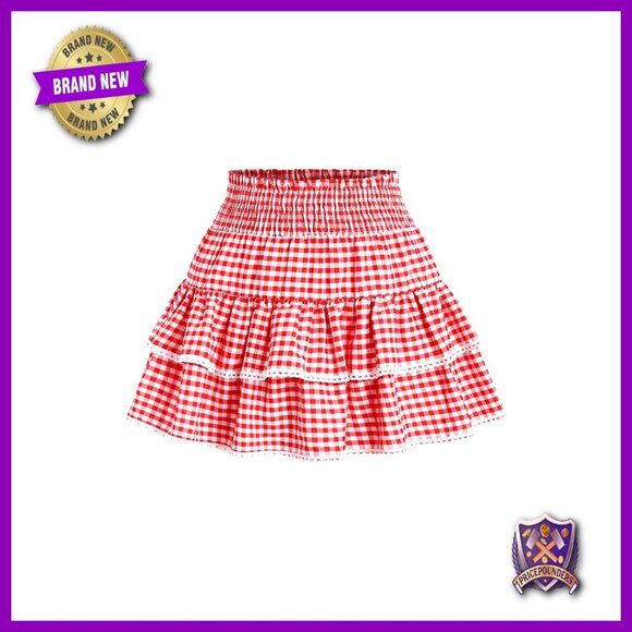 Dresses & Skirts - Y2K Gingham Plaid Ruffle High Waist A-Line Mini Skirt with Lace Hem